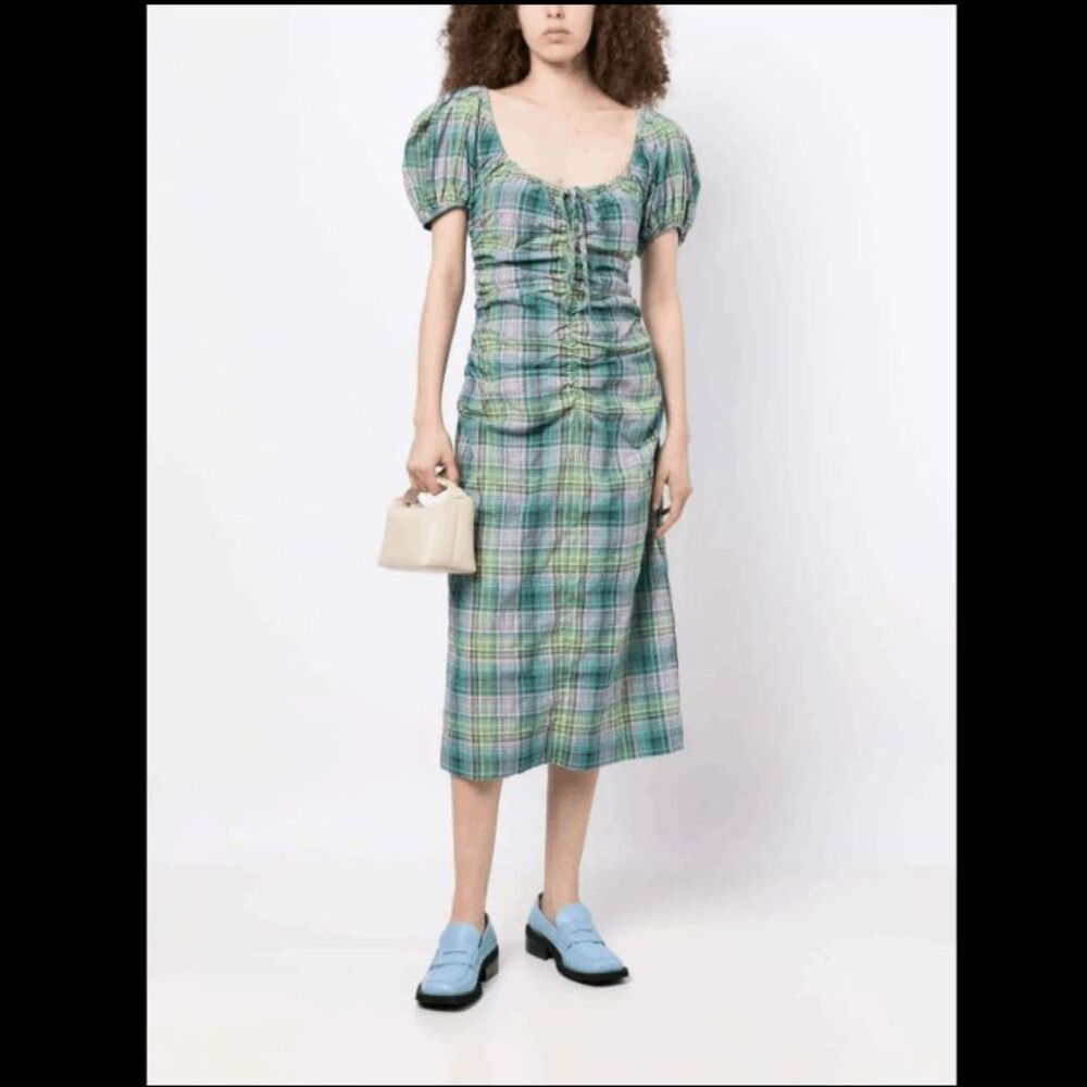 NWT GANNI Checked Seersucker Midi Dress in Lagoon Green Purple Size Small (36) - Picture 1 of 16